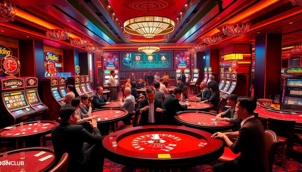 NgonClub bustling casino scene with players enjoying poker and roulette.