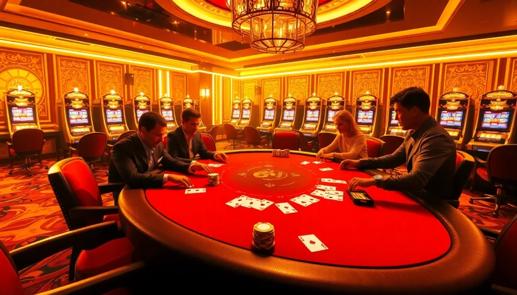 Twin68's vibrant poker table scene, showcasing intense gameplay, luxurious ambiance, and glamorous casino activities.
