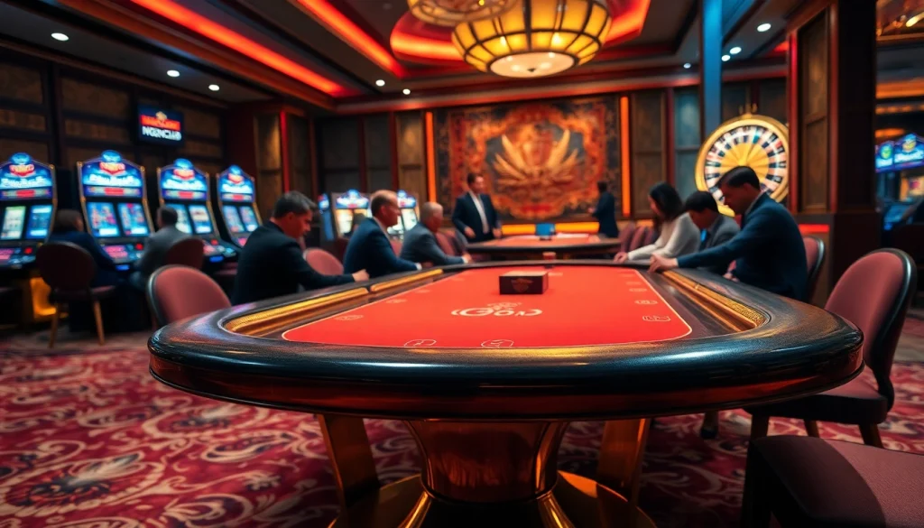 NgonClub poker table in a vibrant casino atmosphere showcasing high-stakes gaming excitement.