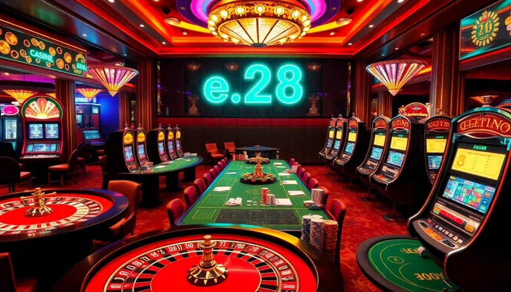 Experience the thrill of e28 casino gaming with players at vibrant tables and dazzling slot machines.