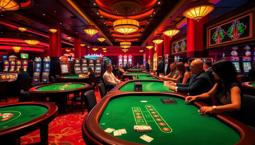 Exciting casino scene featuring players at e28 tables and vibrant slot machines.