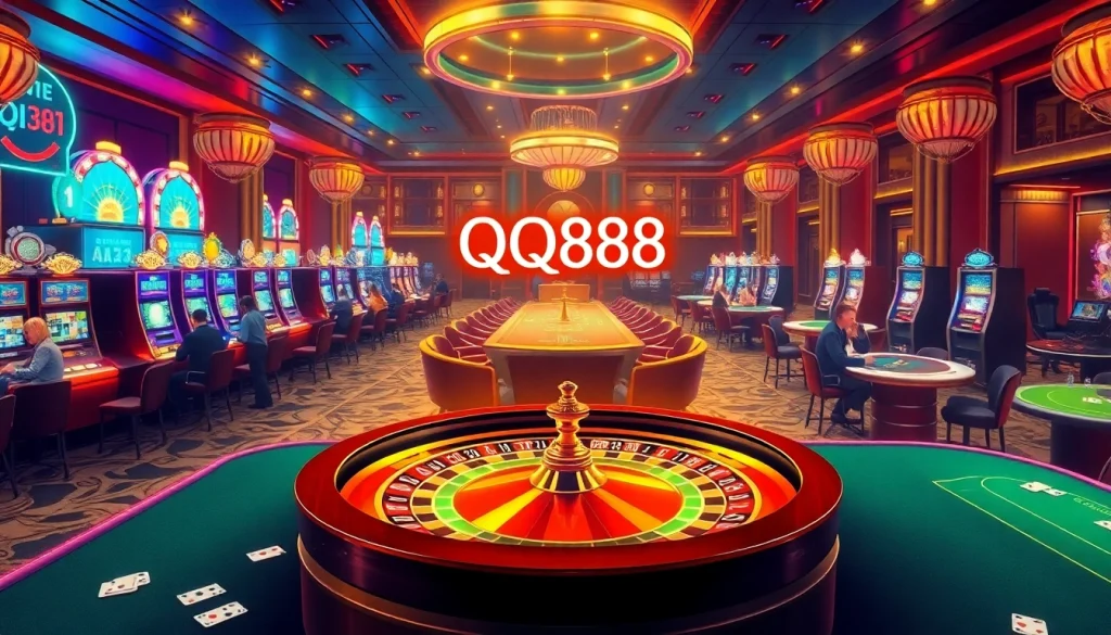 Experience the thrill of gambling at QQ888 with vibrant casino tables and slot machines in a lively setting.