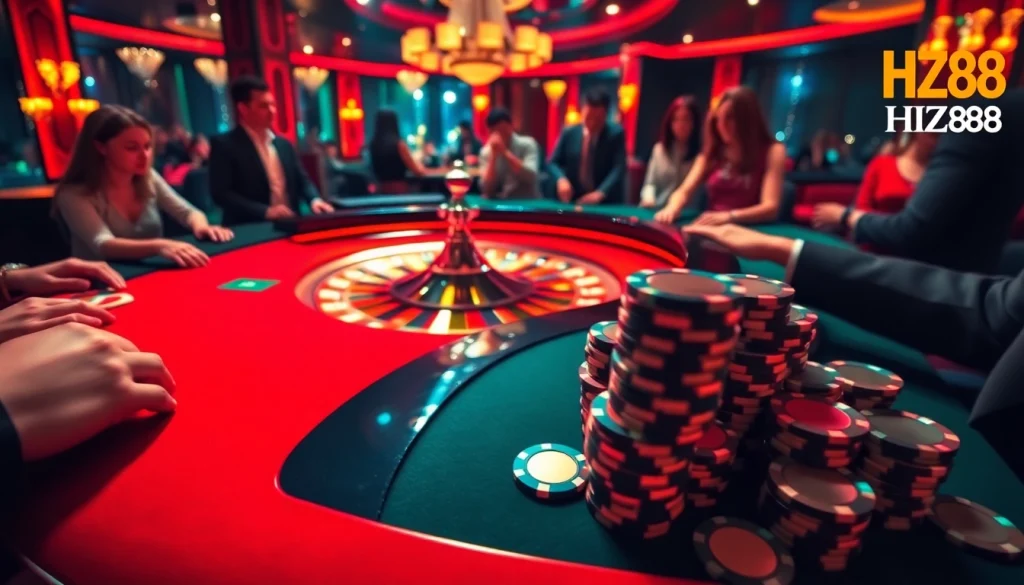 HZ88 casino scene featuring thrilling roulette action and vibrant poker chips.