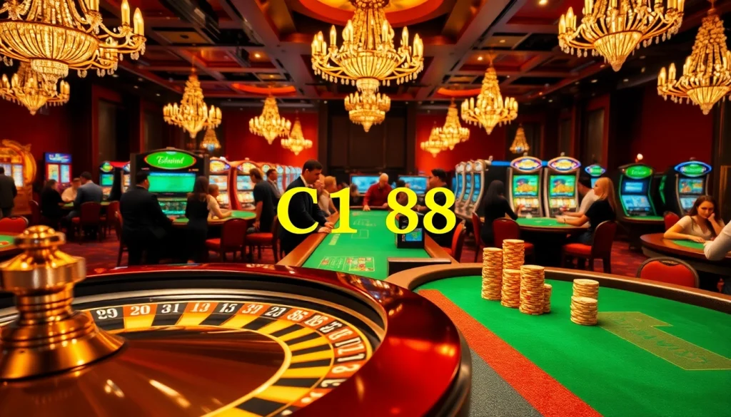 Excited gamblers placing bets at a luxurious casino featuring C168 signage amidst vibrant gambling tables.
