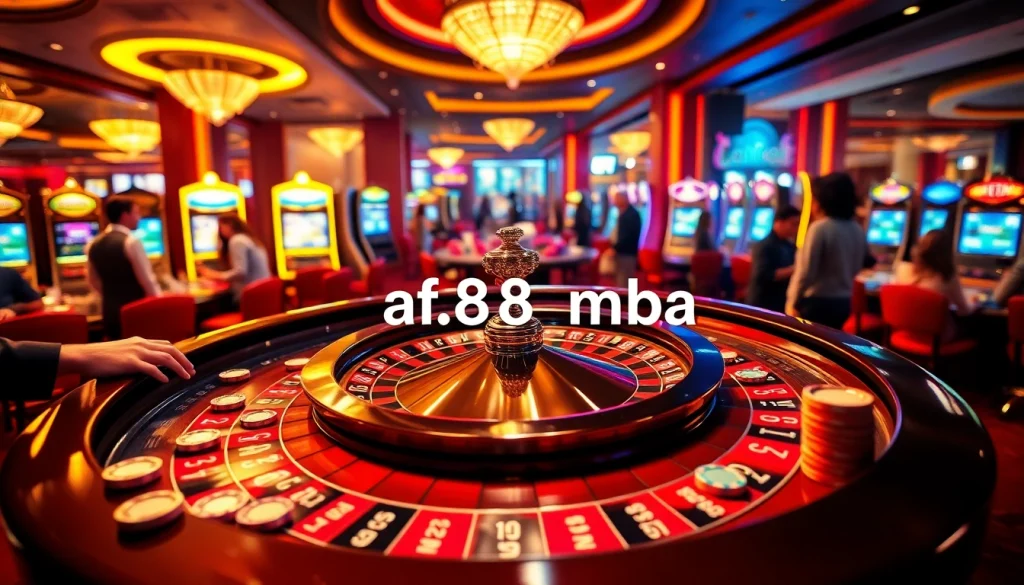 Experience the thrill of casino gaming at https://af88.mba/, showcasing high-stakes players and a vibrant roulette table.