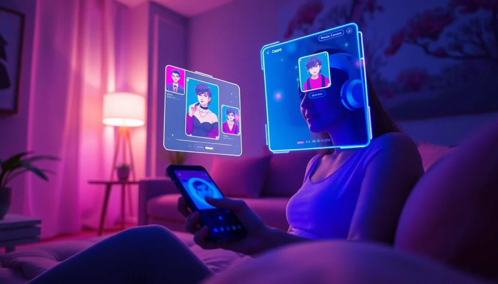 Engaging scene of a user interacting with a sex chat AI in a cozy, modern setting.