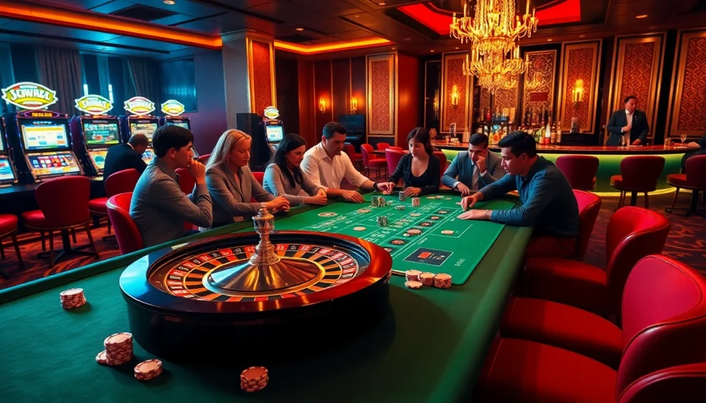 rr88 đăng nhập scene with glamorous poker table, excited players, and vibrant casino atmosphere.