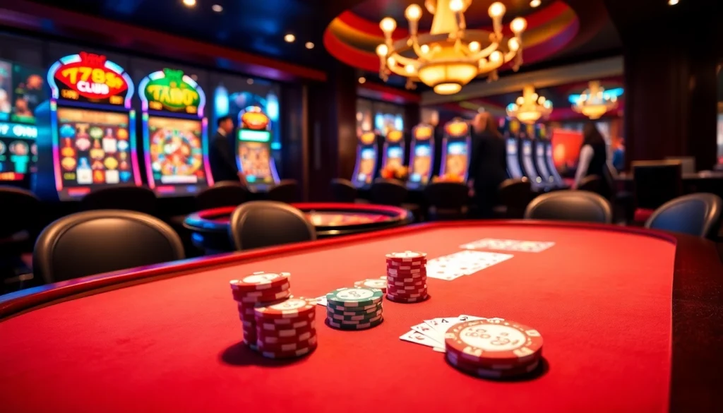 Engaged players enjoying the thrilling experience of the 789 club casino, surrounded by poker tables and slot machines.