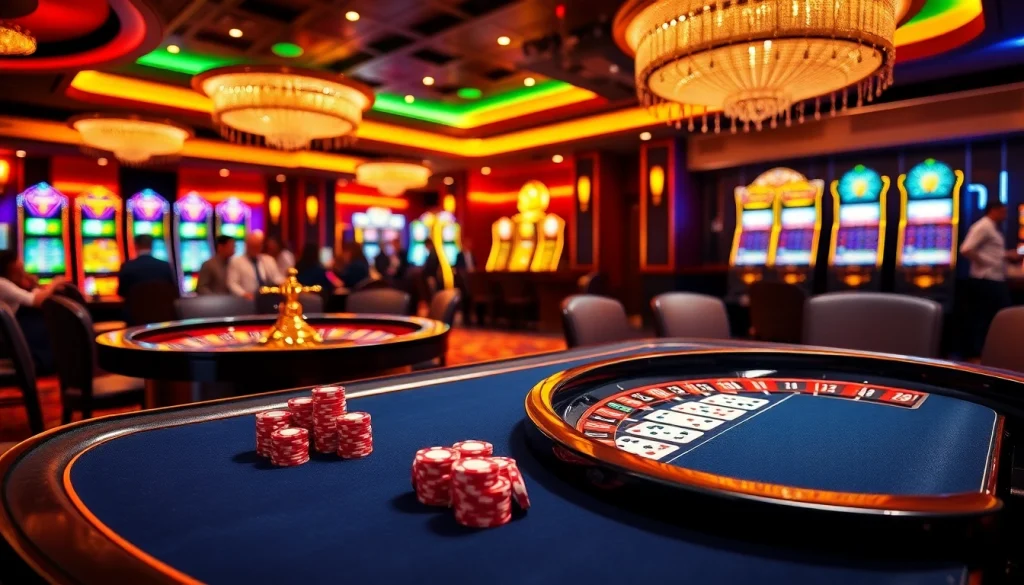 Engage with nhà cái 888b at a vibrant casino featuring poker tables, roulette wheels, and slot machines.
