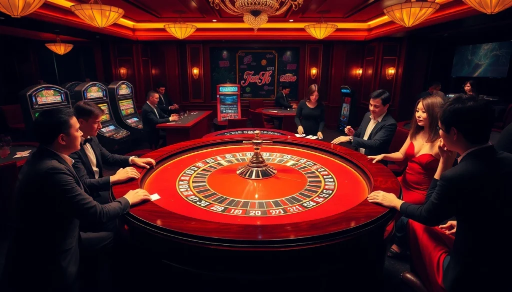 Experience the excitement of rr88 as players engage at a luxurious casino roulette table.