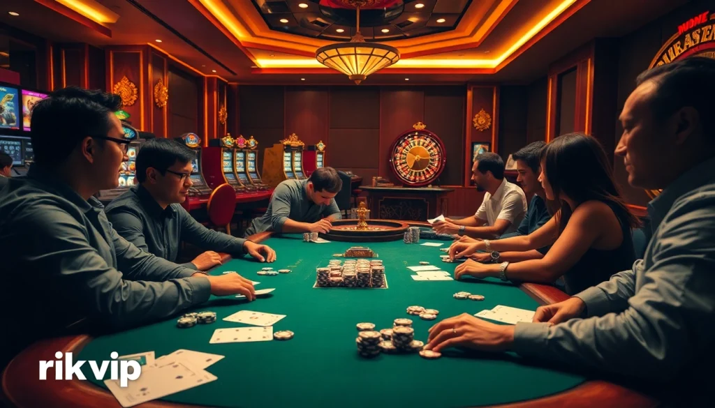 Experience the thrill of gambling with rikvip at an exciting casino scene featuring poker games and vibrant slot machines.