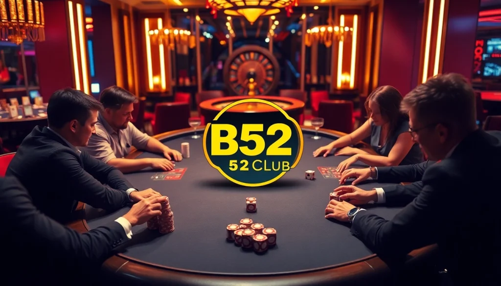 B52Club poker players show intense focus at a luxurious table, surrounded by rich casino elements.