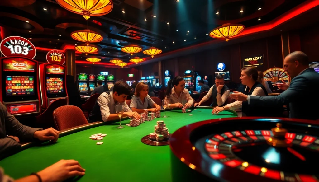 Experience gacor123 vibes with players enjoying poker and colorful slot machines in an exciting casino scene.