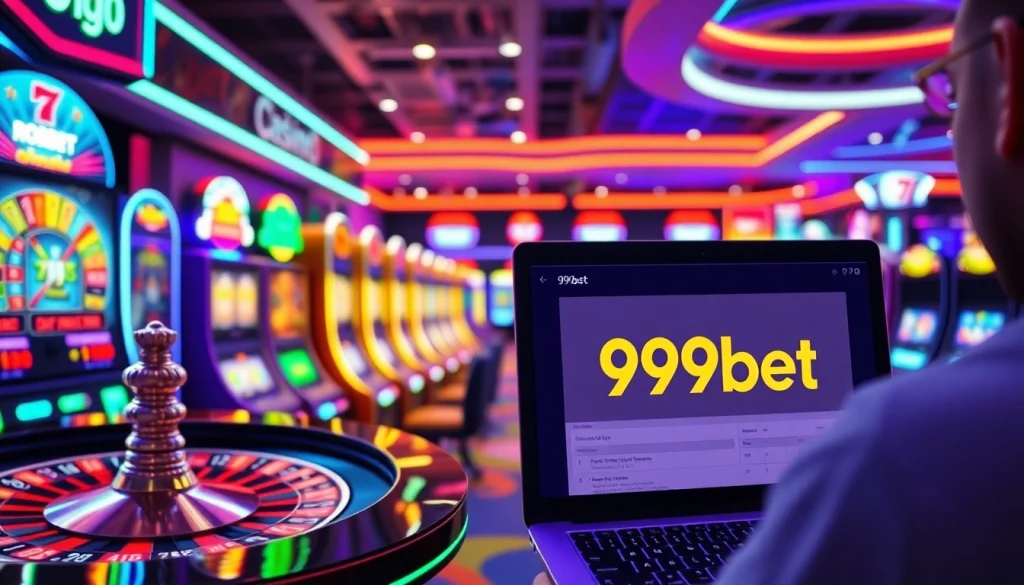 Engage with the thrilling online gambling experience at 999bet featuring digital roulette and vibrant slot machines.